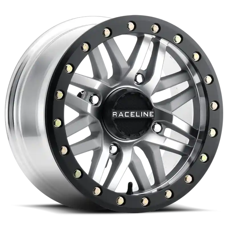 Fresh Stock Raceline A91MA Ryno 14x7in/4x156 BP/10mm Offset/132.5mm Bore - Machined & Black Ring Beadlock Wheel