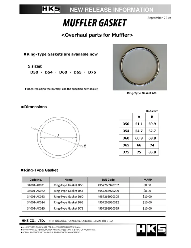 HKS Muffler Gasket 60.8mm ID 68.8mm OD Flash Sale
